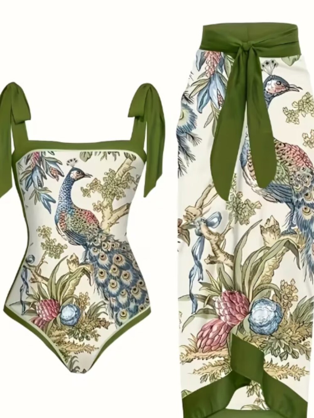 Peacock Botanical One Piece Swimsuit & Sarong Set Olive Green Size Large